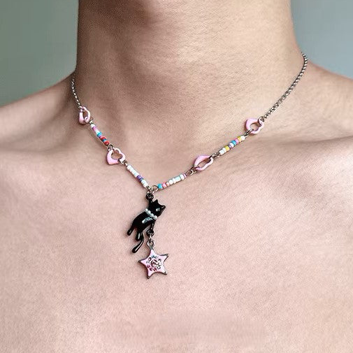 Adorable Cat and Star Pendant Beaded Necklace, Girly Style, Interesting Design, Special Gift. Niche Style