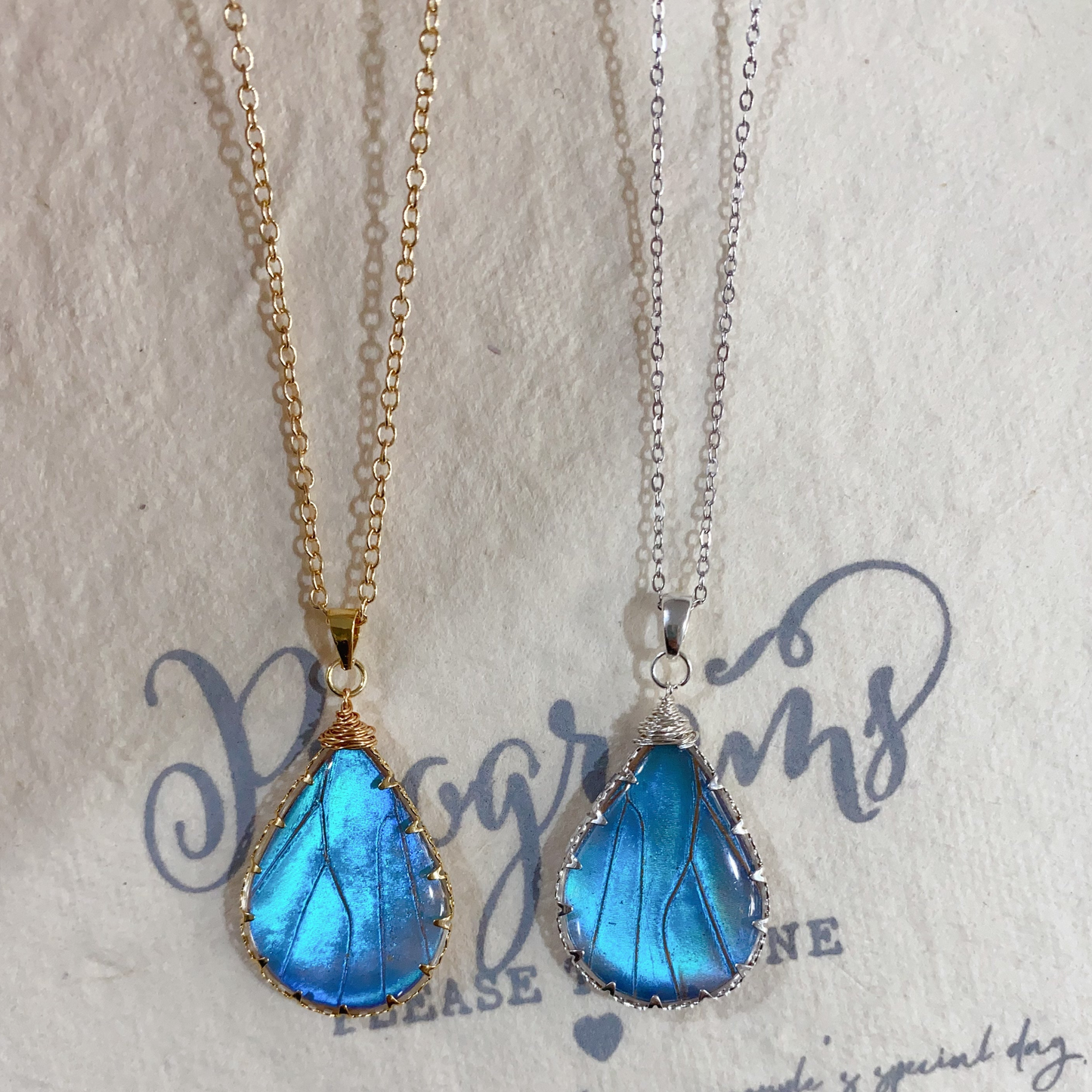 Handcrafted Sapphire Butterfly Wing Pendant,  Blue Waterdrop Choker Necklace