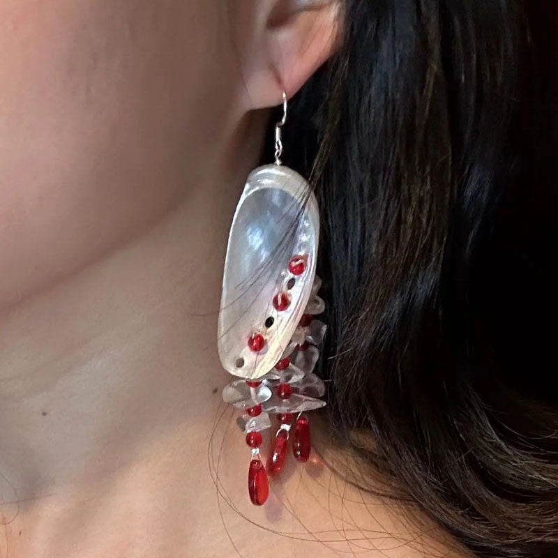 Natural Seashell Earrings, Boho Style Beach Earrings,Ocean Pearl Shell Earrings,Crystal glass bead, Dangling Earrings for Women blue/red