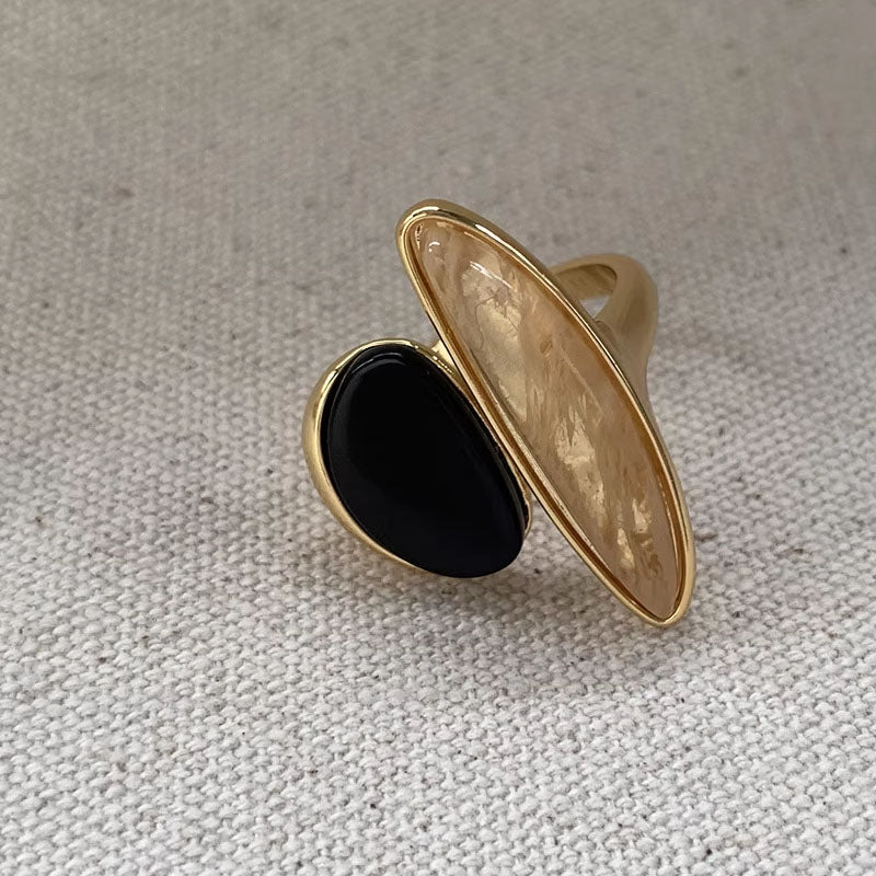 Personality Fashion Geometric Oval Ring Rectangular Golden Black Jewelry Natural Stone Ring Natural Stone Ring for Women