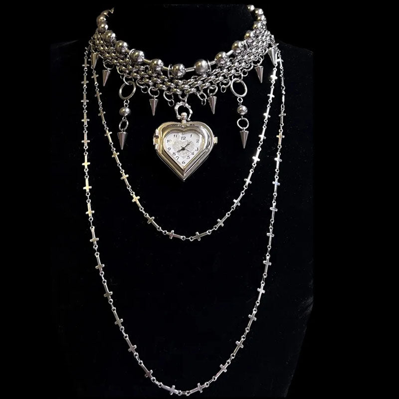 Y2K Punk Heavy duty Heart Watch Pendant Necklace Multilayer Layered Choker Long Chain Pendant Necklace for Women Jewelry