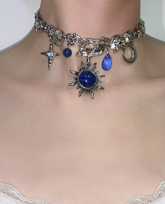 Cyber Punk Vintage Chunky Metal Chain Necklace,Silver Star Moon Pendant Choker, Trendy Jewelry, Y2KAccessories, Perfect Unique Handmade Gift