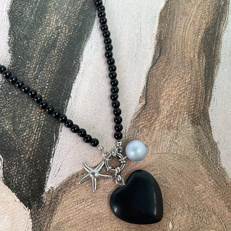 Black Agate Necklace Heart Shaped Pendant Necklace for Women