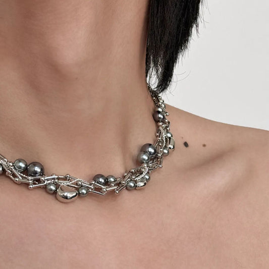 Punk Beaded Pearl Necklace - Grey Pearl Choker Necklaces for Women and Man Fashion Jewelry Birthday Gift