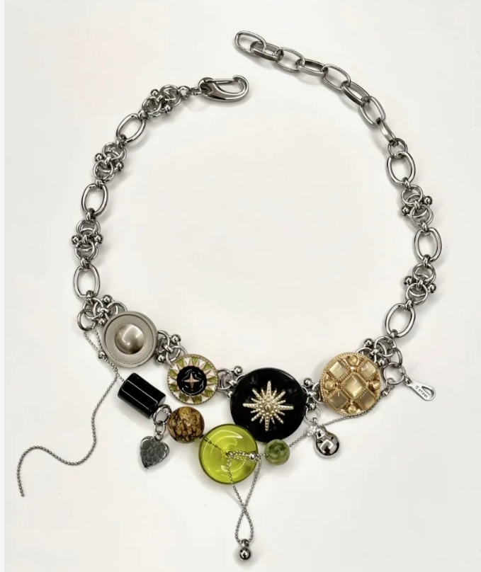 Cyber Punk Vintage Button Green Bead Choker, Titanium Steel Chunky Chain Necklace,Y2KAccessories, Perfect Unique Handmade Gift