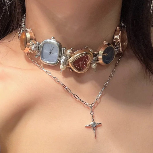 Cyberpunk Multicolor Watch Chunky Chain Necklace