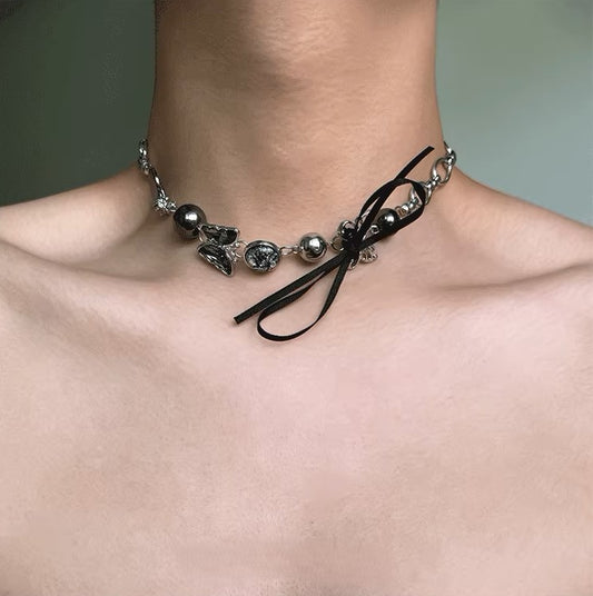 Adorable Vintage Black Bowknot and Butterfly Adjustable Necklace Choker, Y2KAccessories,Playful Accessory for Women