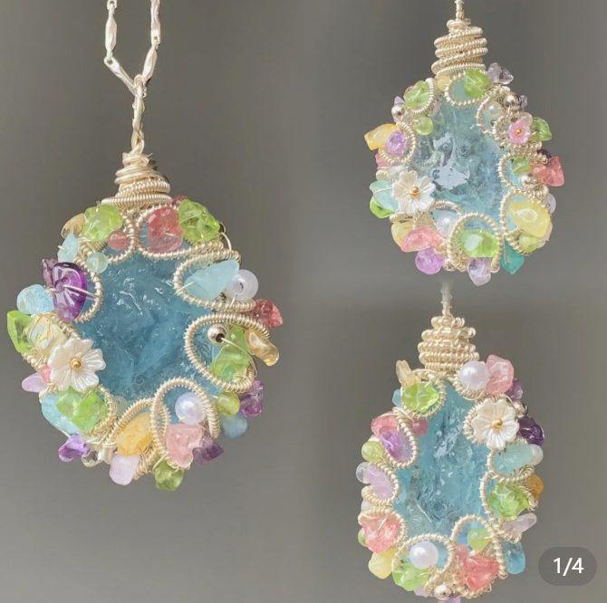 MoJone Original Handmade Round Flower-shaped Pendant, Natural Stone and Silver-plated Necklace