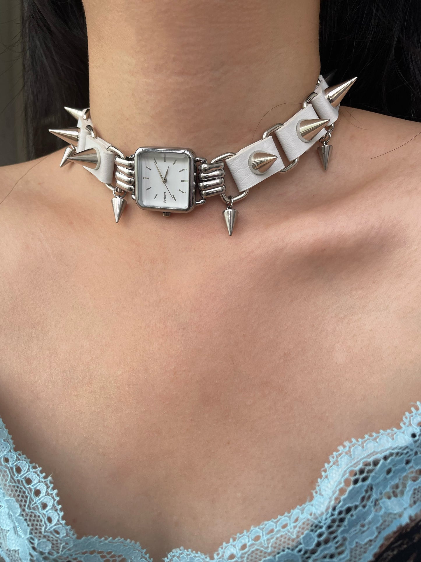 Cyber Punk Niche Chunky Watch Leather White Y2K Choker Metallic Jewelry Trendy Necklace Sliver Chain Accessories