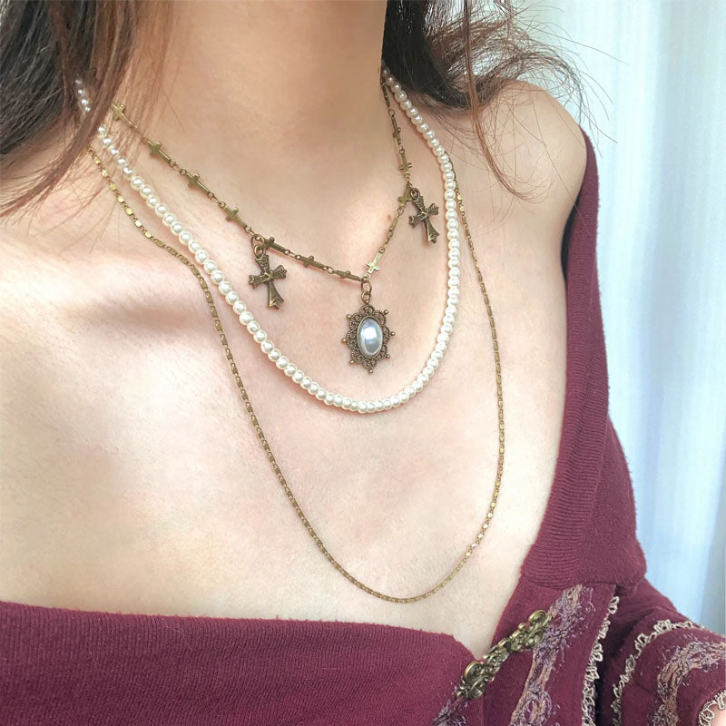 Vintage Cross Multi-Layered Necklace Chain,court style Pearl Necklaces,heavy industry necklaces,removable Jewelry for Women