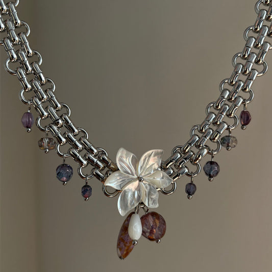 Vintage Flower Pendant Chunky Chain Necklace,Punk Retro Beads Choker Necklace, Y2K Adjustable Trendy Jewelry,Gift for Woman