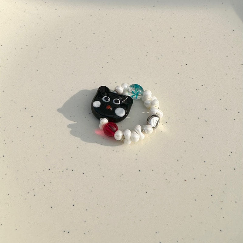 Cute Cat Beaded Ring Female Black Cat Head Index Finger Rings Fashion Jewelry