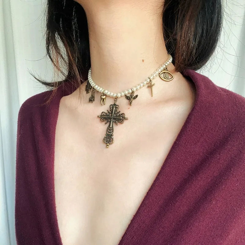 Vintage Necklace,glass pearl beads Choker,personality copper pendant,Cross Pendant Necklace Gothic,Jewelry for Women Men