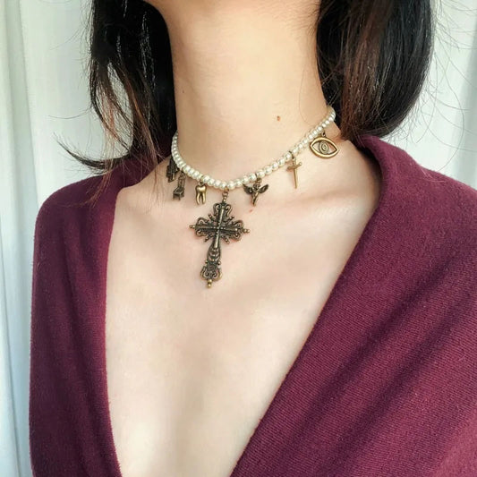 Vintage Necklace,glass pearl beads Choker,personality copper pendant,Cross Pendant Necklace Gothic,Jewelry for Women Men