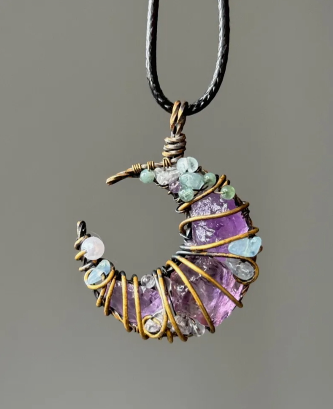 MoJone Original Handmade Purple Moon Pendant, Natural Stone and Silver-plated Necklace