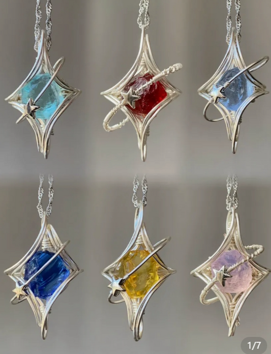 MoJone Original Handmade Star-shaped Pendant, Natural Stone and Silver-plated Necklace