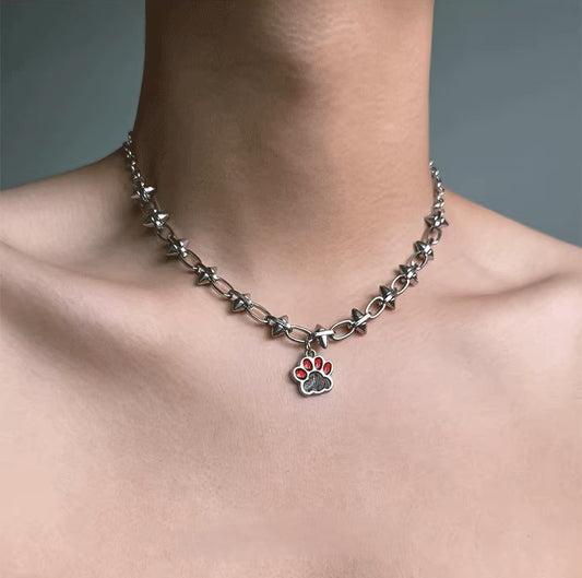 Adorable Chunky Niche Silver Copper Punk Cat Paw Pendant Necklace Choker Chain for Women