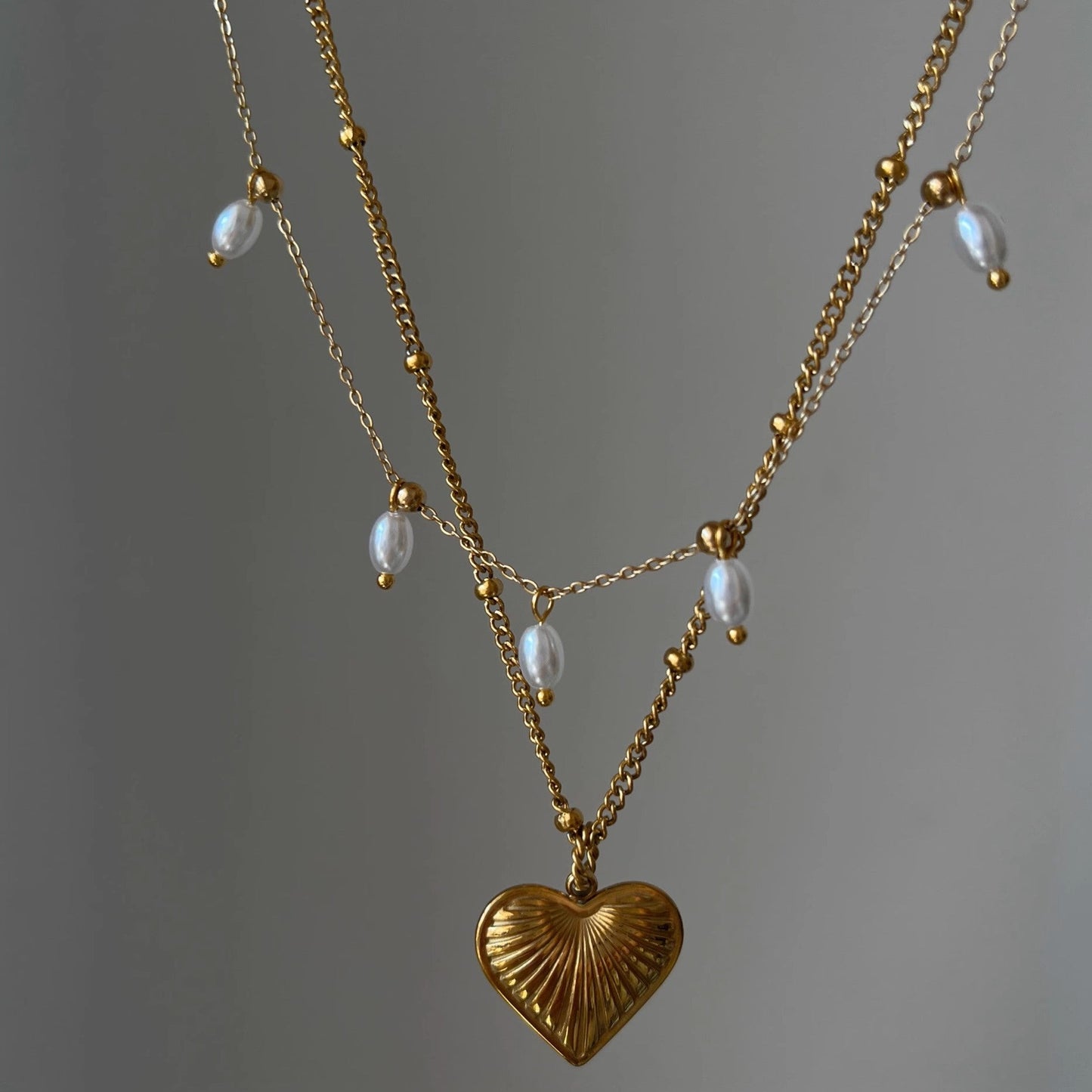 Vintage French Chic Delicate Pearl Heart-shaped Titanium Steel Layered Necklace