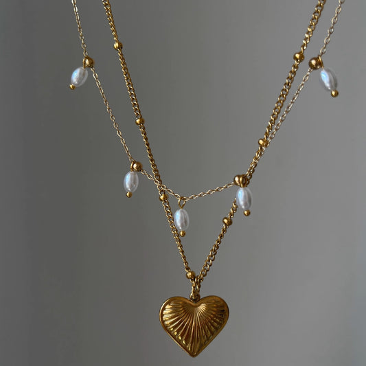 Vintage French Chic Delicate Pearl Heart-shaped Titanium Steel Layered Necklace