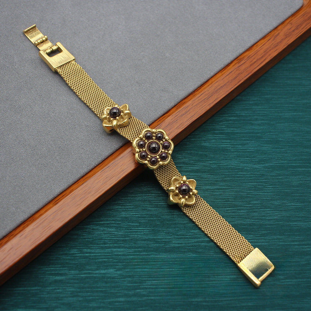 Sophisticated Purple Zircon Flower Petal Bracelet - Gold-Plated Copper Elegance, Perfect for Evening Wear & Memorable Occasions, Exquisite Gift Idea