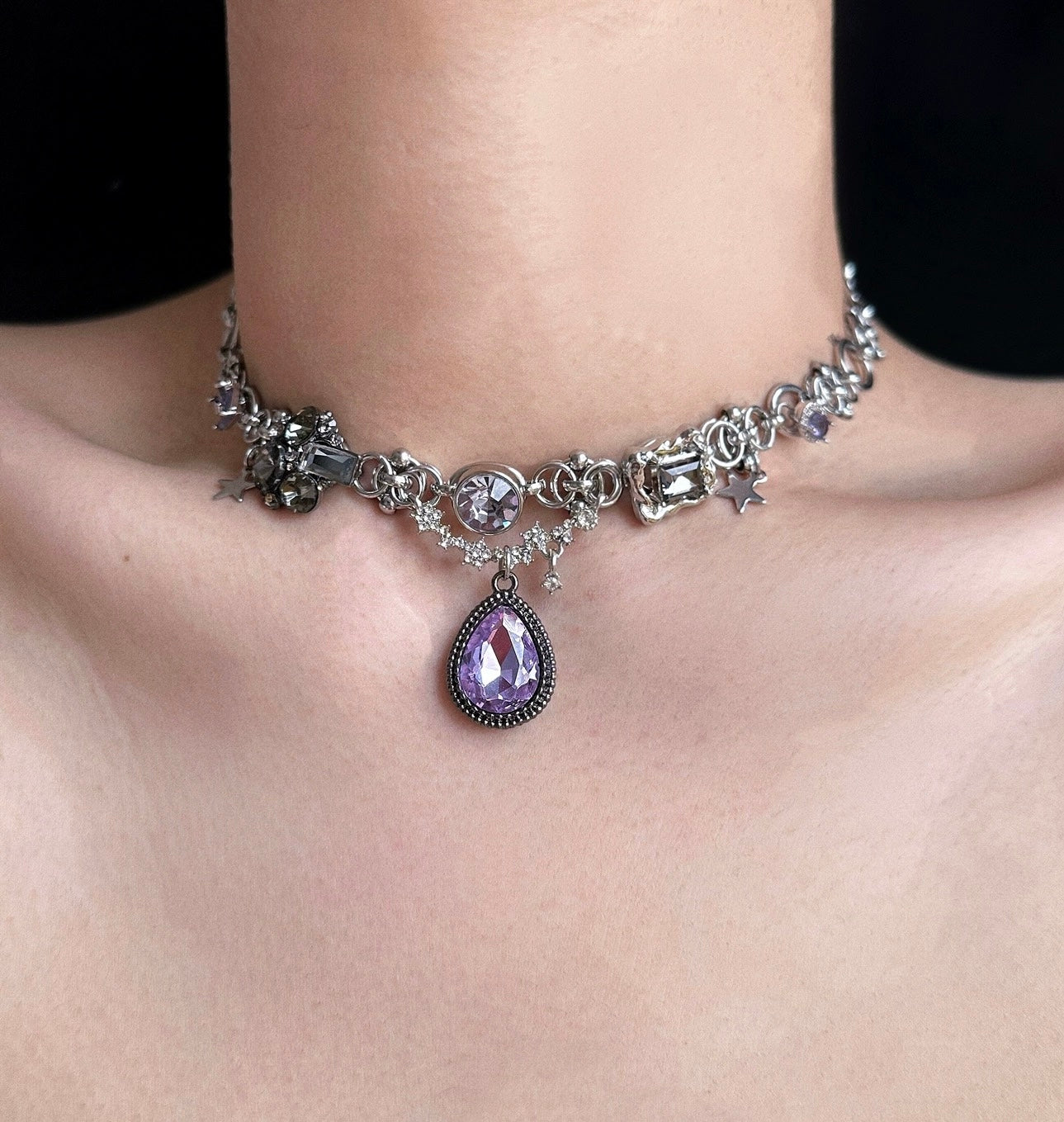 Vintage purple cubic zirconia star pendant silver necklace, vintage courtly choker, Y2K necklace. Perfect for fashionable girls,Perfect gift