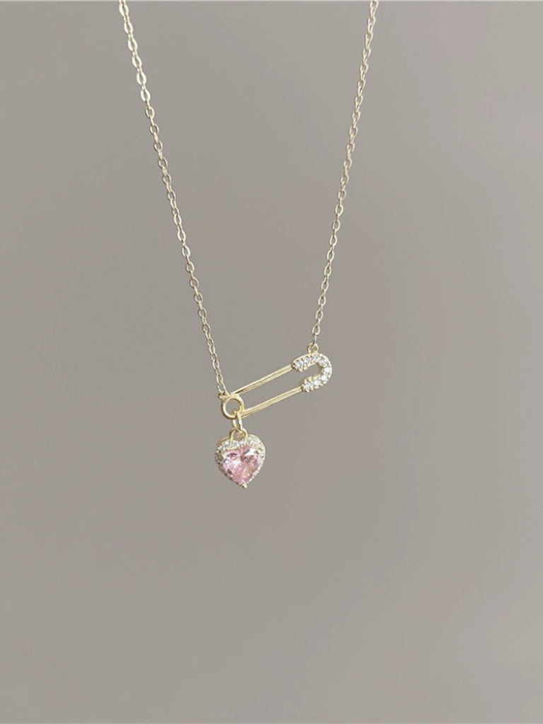 Delicate Luxury Clavicle Chain, Sparkling Rhinestone Heart Paperclip Necklace, Heart Necklace