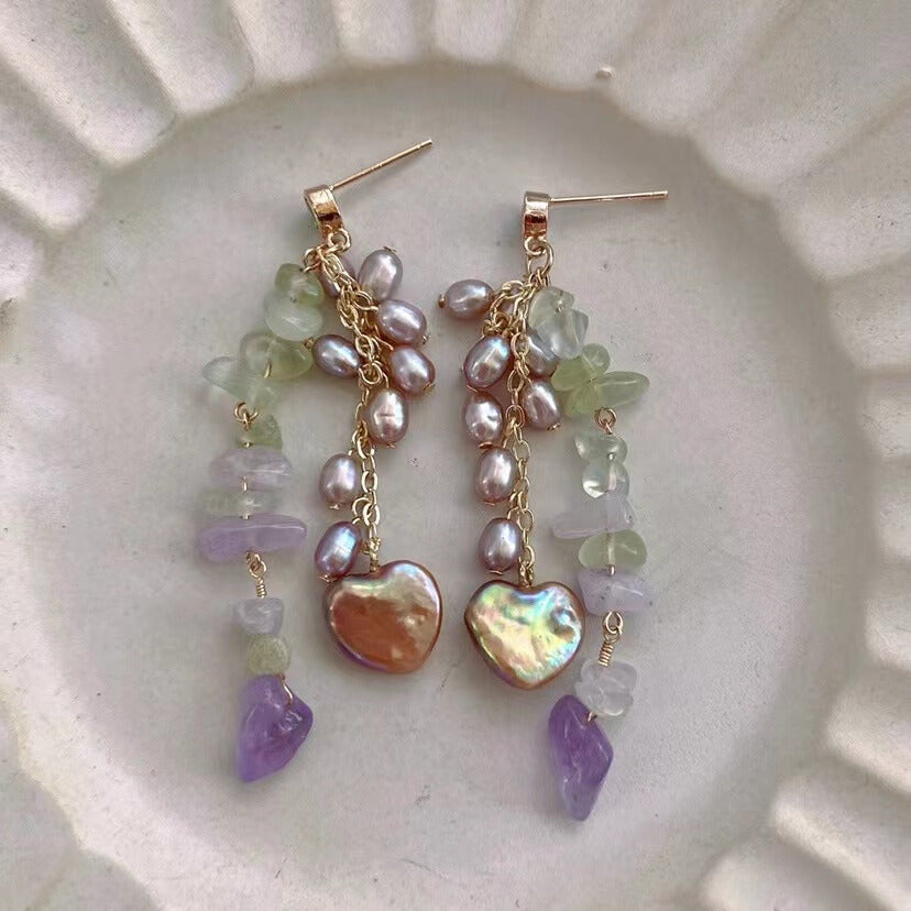 925 Sterling Silver Needle Earrings with Natural Crystal Chips and Heart-Shaped Pearl Accents
