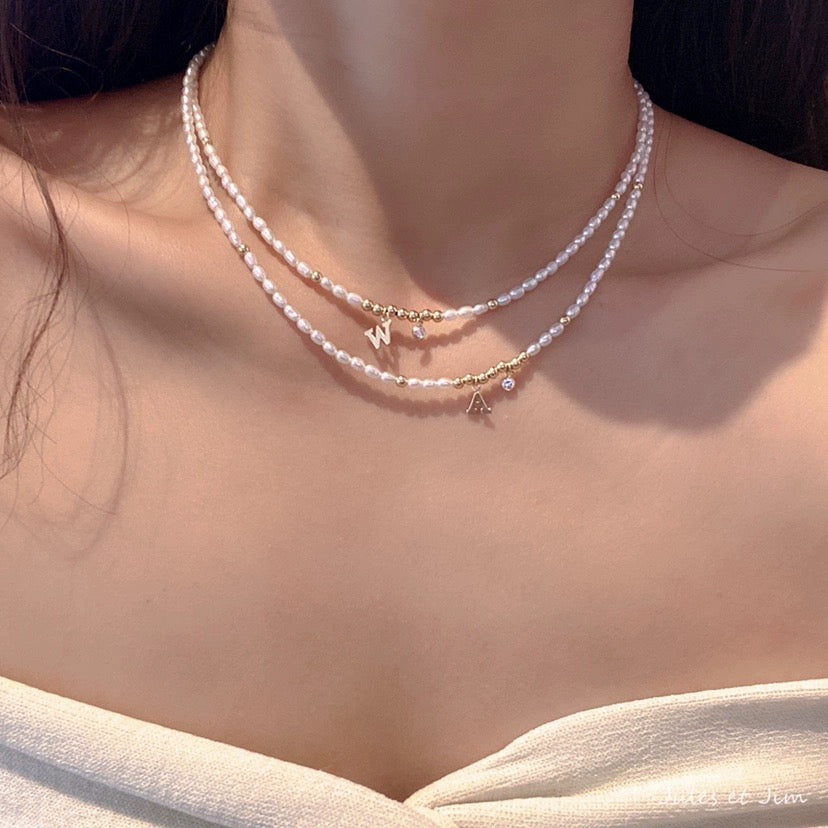 14K Gold-Filled Personalized Initial Necklace with Natural Pearl and Crystal Pendants