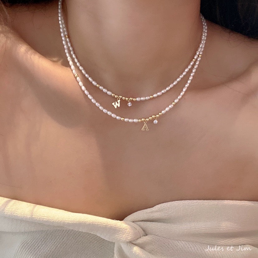 14K Gold-Filled Personalized Initial Necklace with Natural Pearl and Crystal Pendants