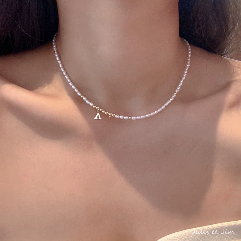 14K Gold-Filled Personalized Initial Necklace with Natural Pearl and Crystal Pendants