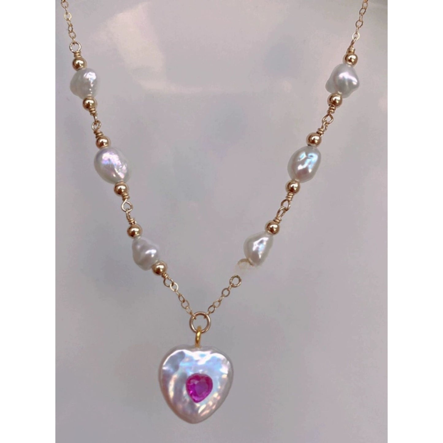 14K Gold-Filled Handcrafted Wire-Wrapped Baroque Pearl Heart Pendant Necklace with Pink Gemstone Center