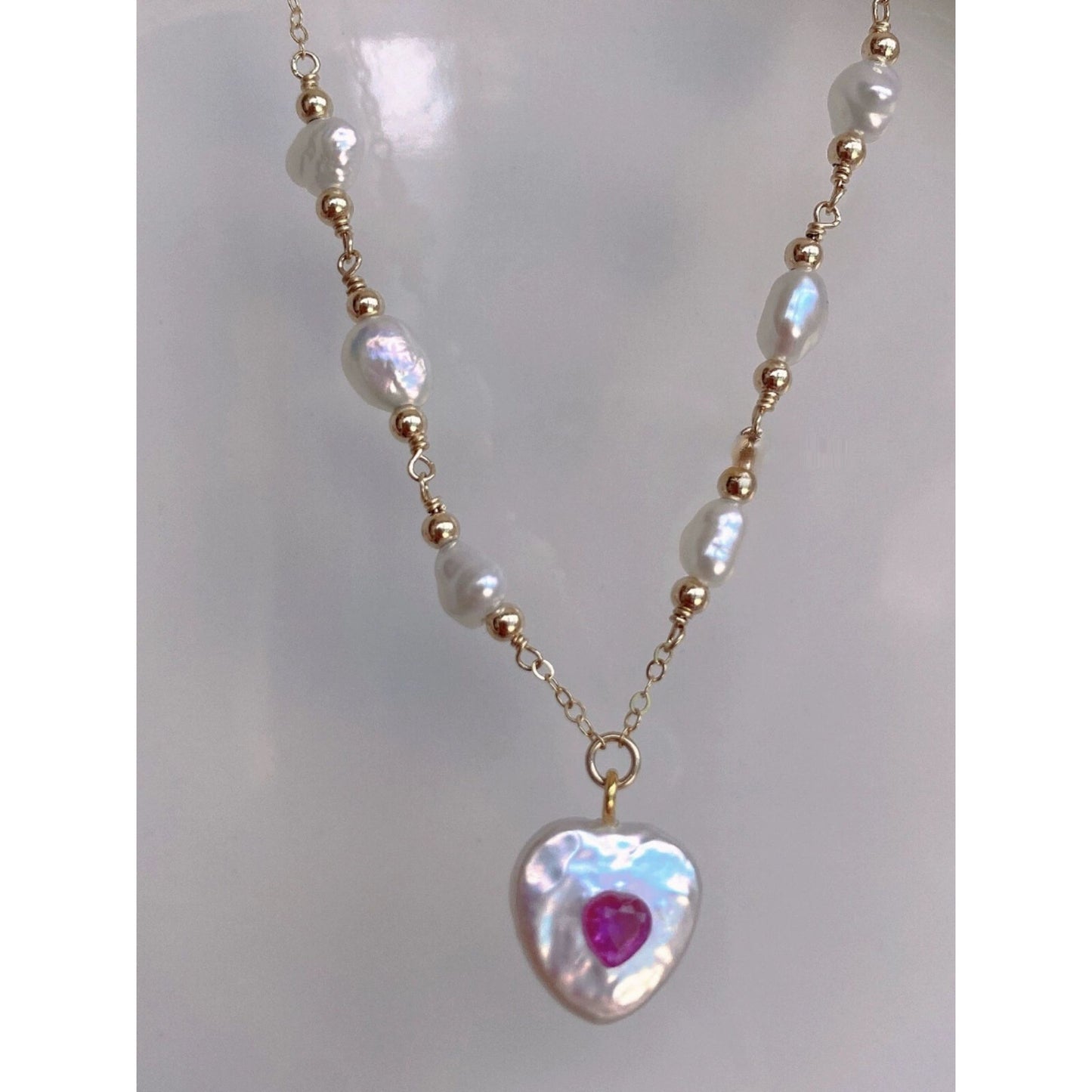 14K Gold-Filled Handcrafted Wire-Wrapped Baroque Pearl Heart Pendant Necklace with Pink Gemstone Center