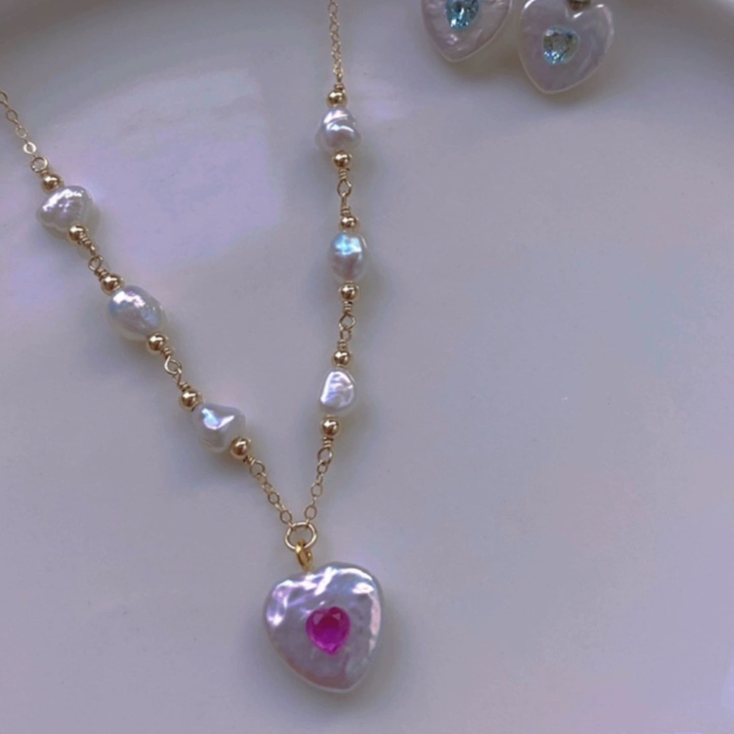 14K Gold-Filled Handcrafted Wire-Wrapped Baroque Pearl Heart Pendant Necklace with Pink Gemstone Center