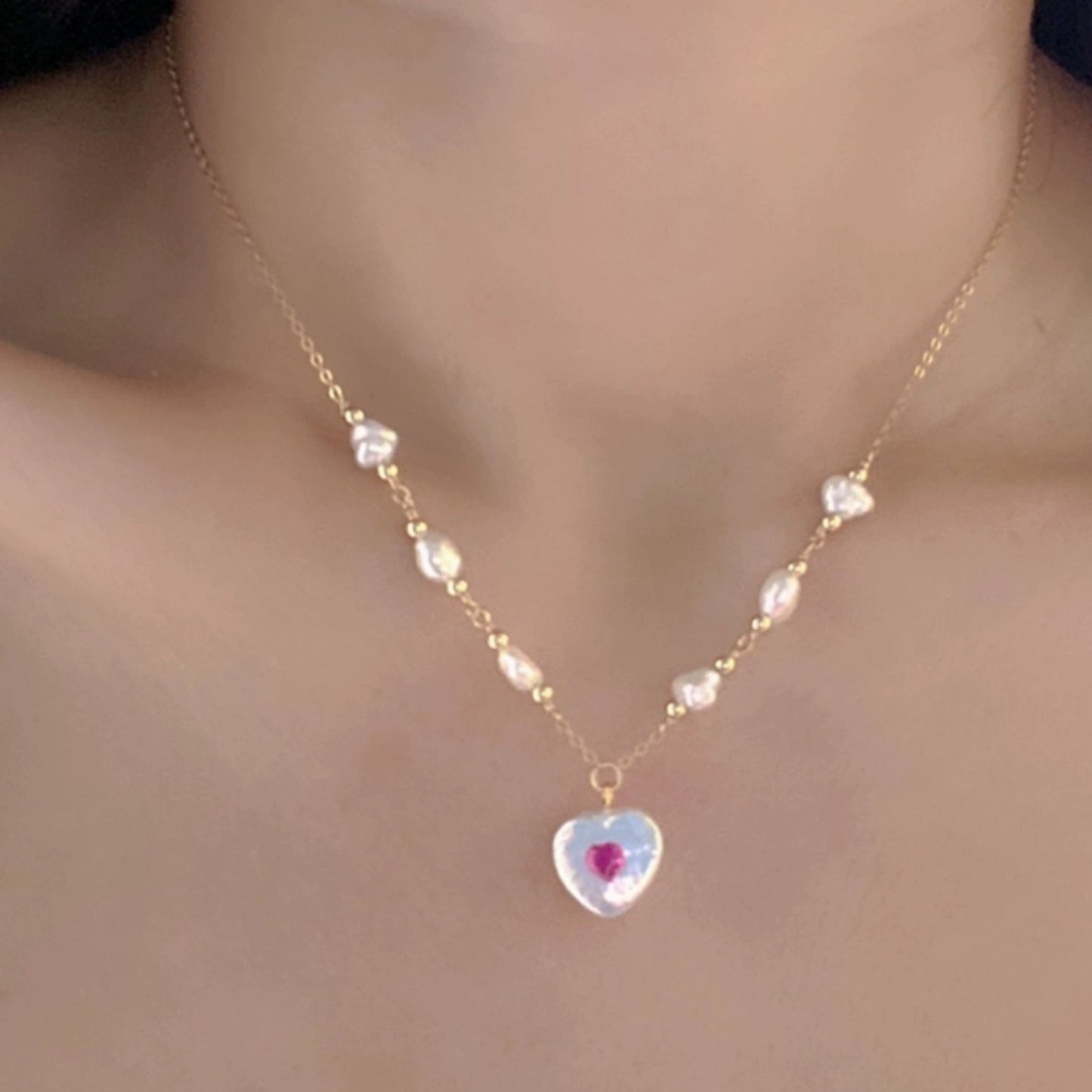 14K Gold-Filled Handcrafted Wire-Wrapped Baroque Pearl Heart Pendant Necklace with Pink Gemstone Center