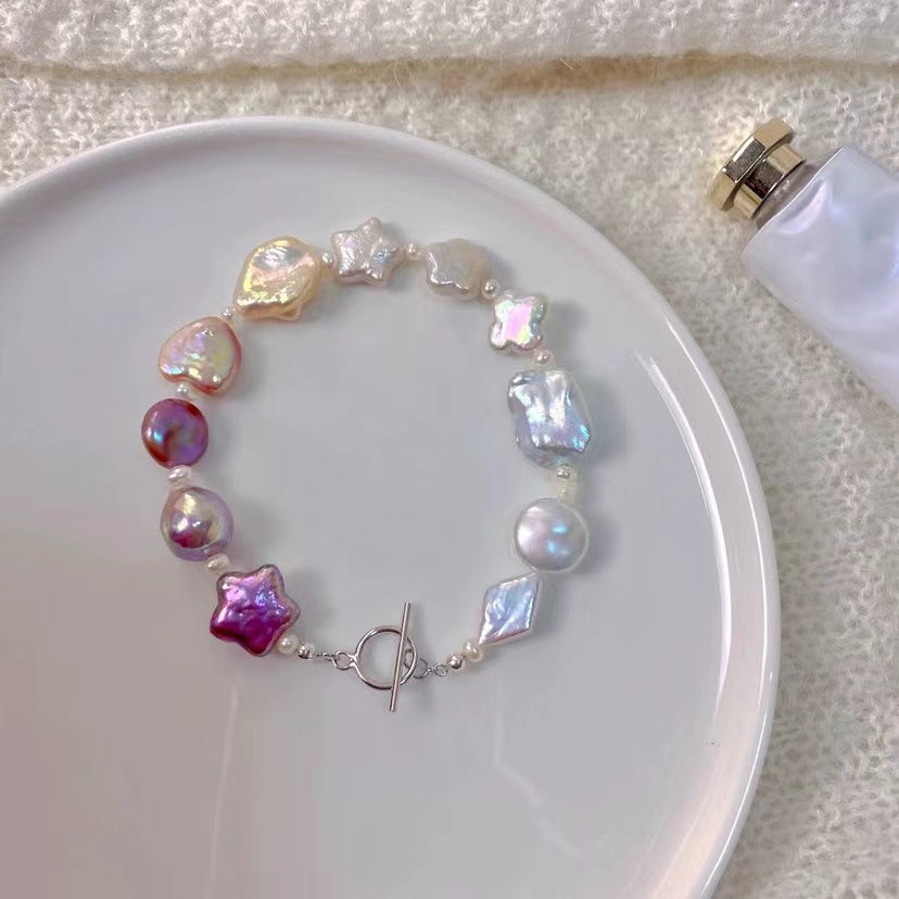 Baroque Pearl and Multicolored Gemstone Bracelet with Star and Heart Charms - Handcrafted Elegance