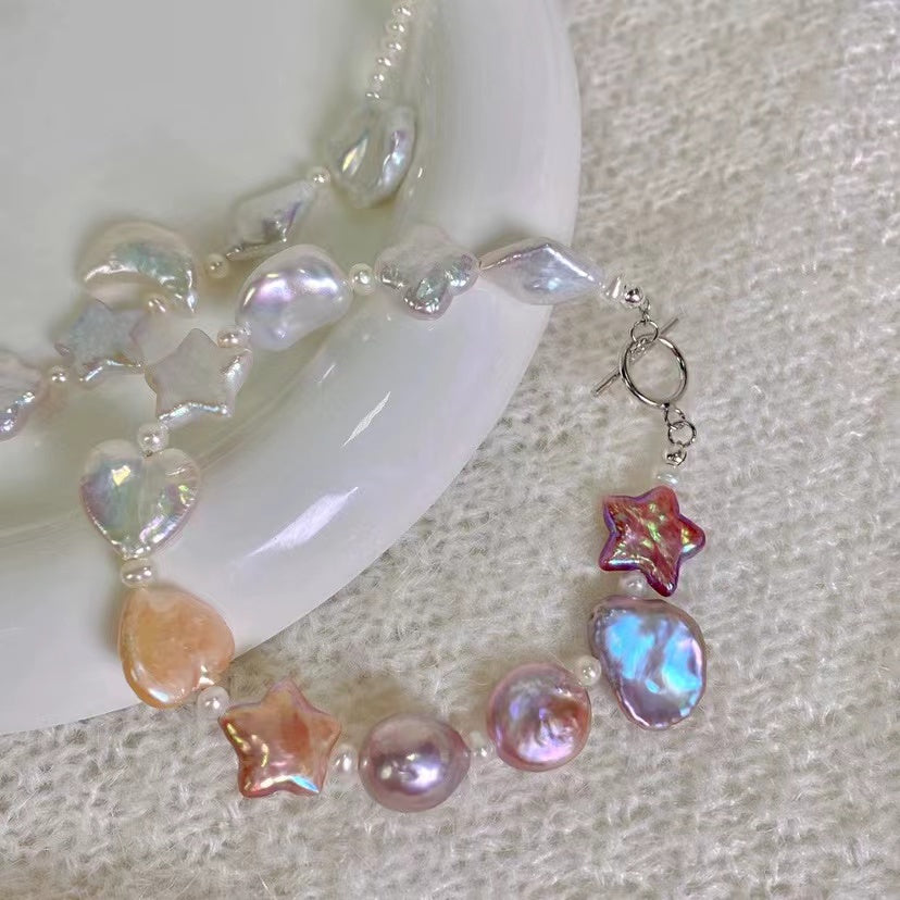 Baroque Pearl and Multicolored Gemstone Bracelet with Star and Heart Charms - Handcrafted Elegance