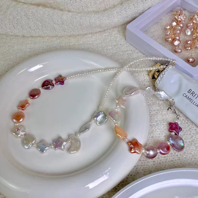 Baroque Pearl and Multicolored Gemstone Bracelet with Star and Heart Charms - Handcrafted Elegance