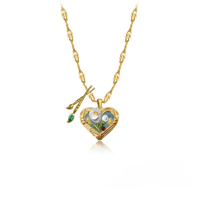 Vintage Oil Painting Heart Pendant Necklace with French Enamel - Classic Romantic Clavicle Chain
