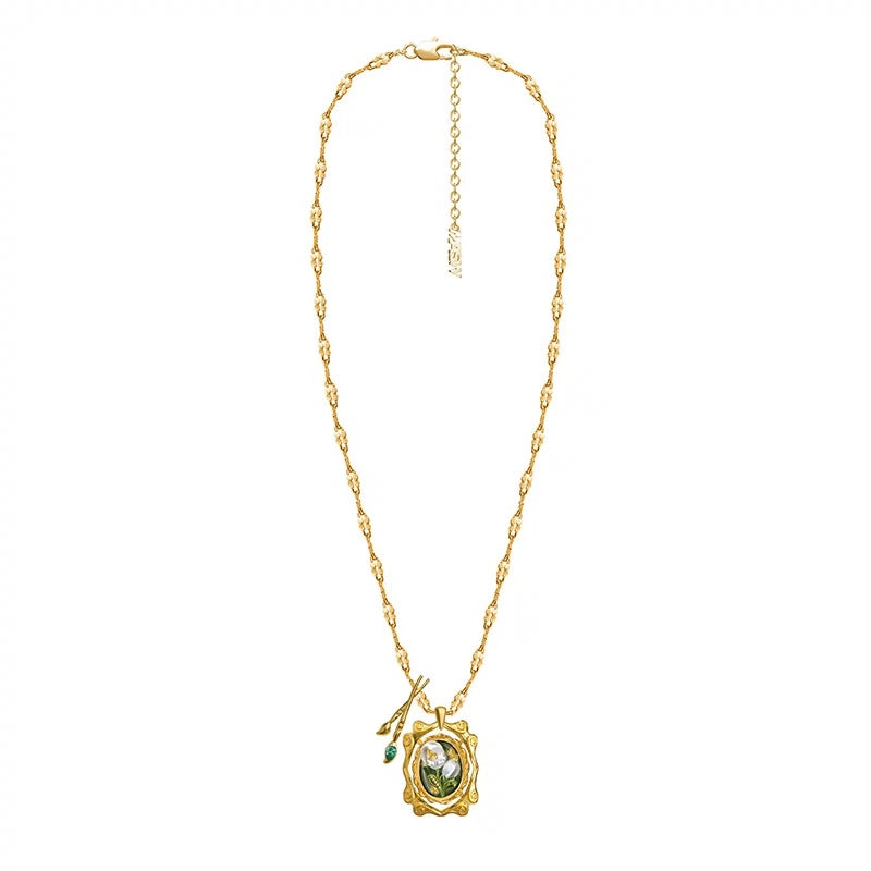 Vintage Oil Painting Heart Pendant Necklace with French Enamel - Classic Romantic Clavicle Chain
