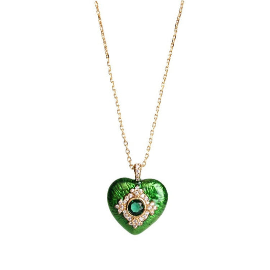 Vintage-Inspired Heart-Shaped Enamel Glaze Pendant Necklace with Crystal Embellishments