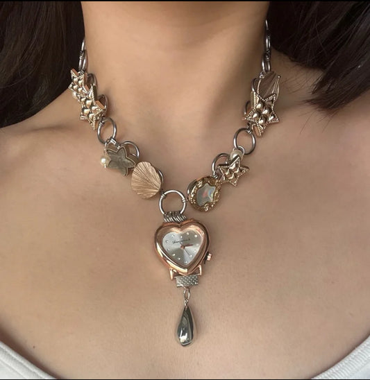 Cyber Punk Vintage watch choker, Original design chunky chain niche style, elegant and trendy Necklace