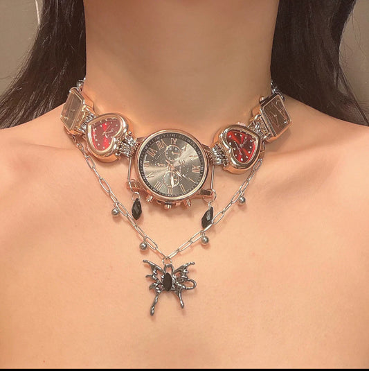 Vintage watch pendant necklace with Butterfly chain, niche punk style, metallic Y2K necklace, elegant and trendy, Trend Clutter Cool Necklace.