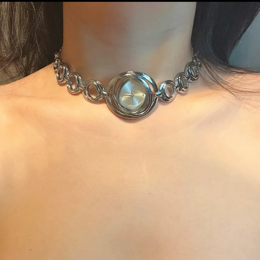 Cyberpunk Retro Watch Choker Necklace, Silver Watch Pendant Choker, Y2K Choker, stylish and cool, niche appeal, unisex.