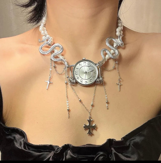 Vintage punk watch necklace, Wrap fashion necklace, Y2K choker, artistic vintage style, Trend Clutter Cool Necklace, For men and women