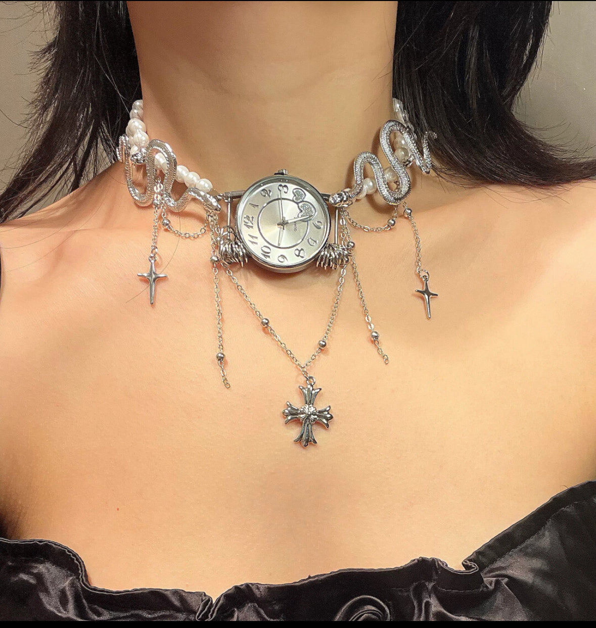 Vintage punk watch necklace, Wrap fashion necklace, Y2K choker, artistic vintage style, Trend Clutter Cool Necklace, For men and women