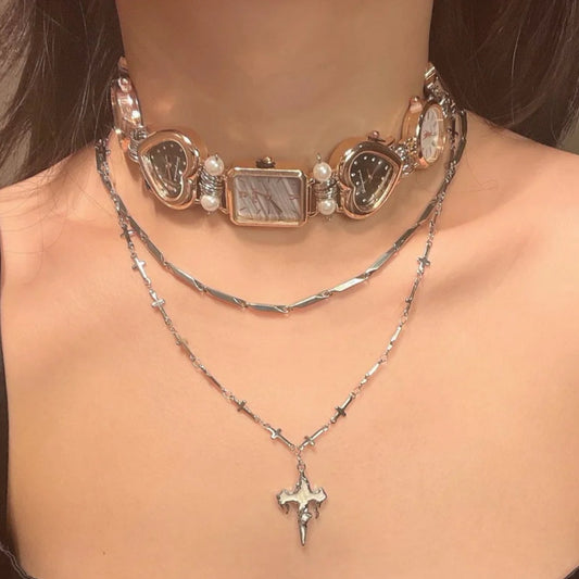Vintage watch pendant necklace with pearl,metallic 3-in-1 necklace