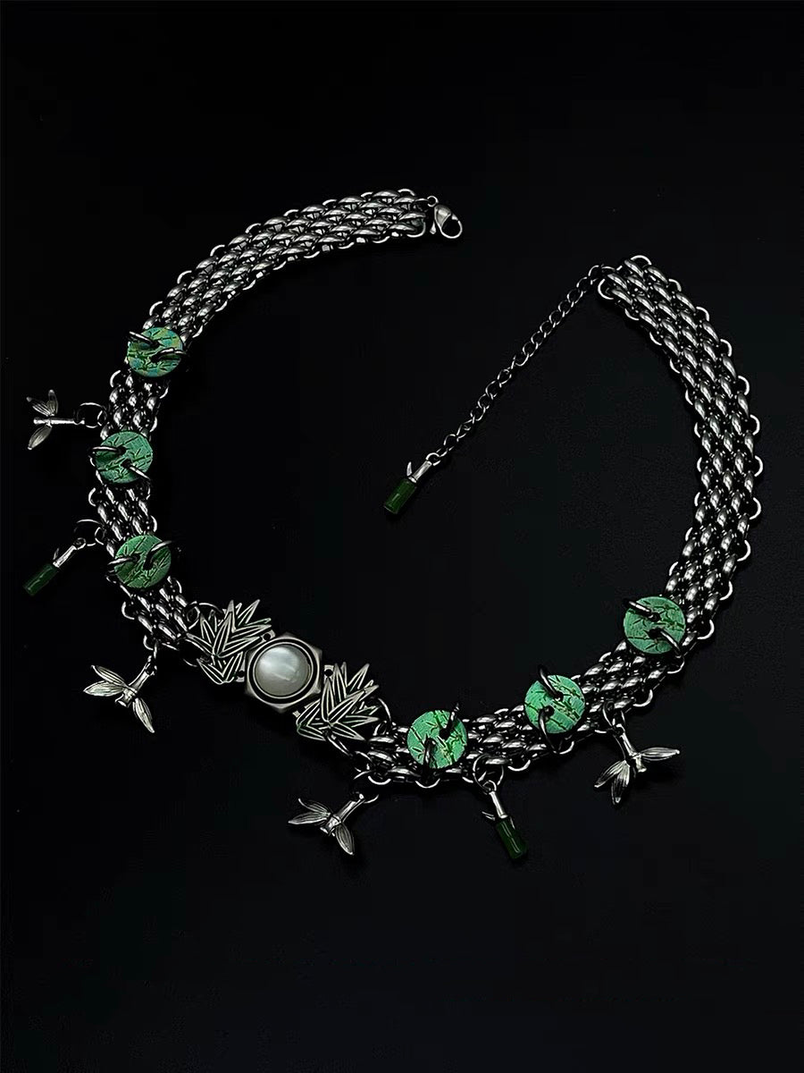Chunky Bamboo Pendant Y2K Metallic Necklace Niche Punk Titanium Steel Chain Choker  for Women