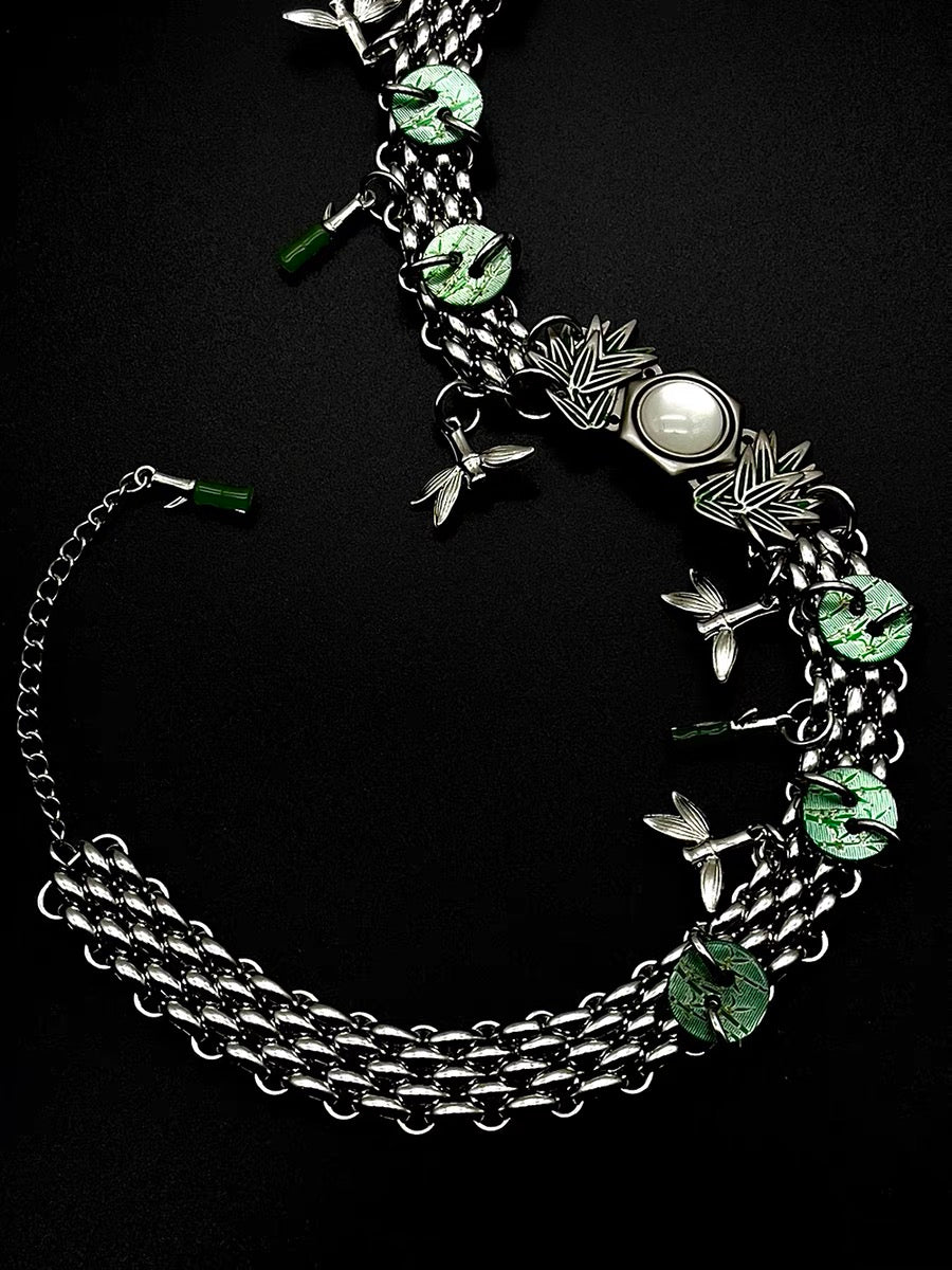 Chunky Bamboo Pendant Y2K Metallic Necklace Niche Punk Titanium Steel Chain Choker  for Women