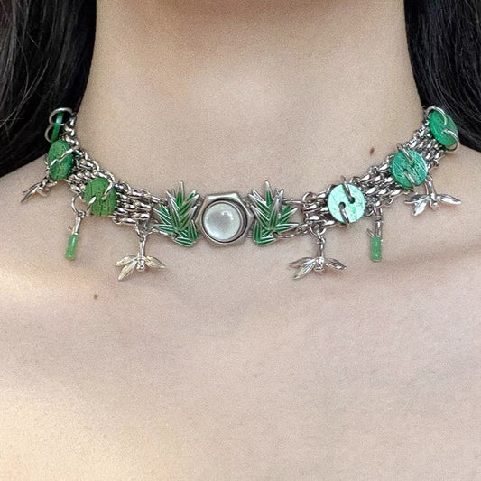 Chunky Bamboo Pendant Y2K Metallic Necklace Niche Punk Titanium Steel Chain Choker  for Women