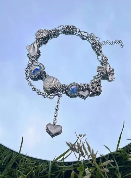 VintagePunk Seashell Blue Heart Gemstone Necklace,metallic Y2K necklace and Ocean Elements in Silver choker